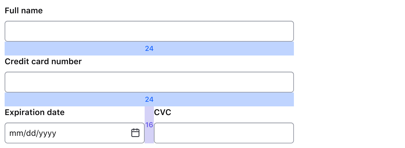 Three credit card information fields arranged with one full width field followed by a row of two side-by-side equal width fields